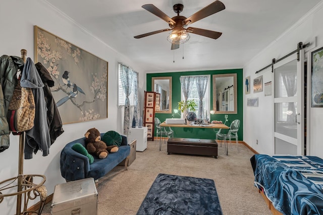 3109 Stokers Ln, Nashville, TN 37218 - carpeted bedroom with crown molding, a barn door, a ceiling fan, and baseboards