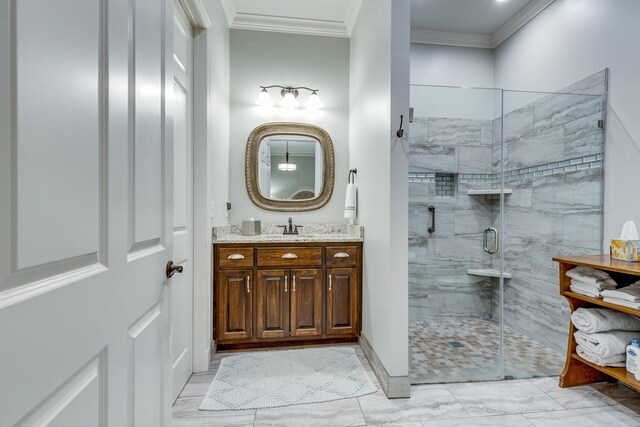 105 Andrews Dr, Loretto, TN 38469 - full bathroom with vanity, a shower stall, crown molding, marble look tiles, and baseboards