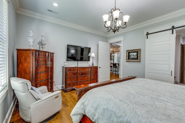 105 Andrews Dr, Loretto, TN 38469 - bedroom featuring a barn door, wood finished floors, ornamental molding, a chandelier, and recessed lighting