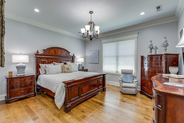 105 Andrews Dr, Loretto, TN 38469 - bedroom featuring a chandelier, baseboards, light wood-style floors, crown molding, and recessed lighting