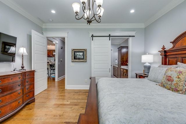 105 Andrews Dr, Loretto, TN 38469 - bedroom featuring a barn door, baseboards, light wood-style floors, crown molding, and recessed lighting