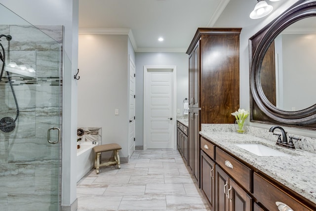 105 Andrews Dr, Loretto, TN 38469 - full bathroom featuring vanity, a shower stall, a garden tub, crown molding, and marble look tile flooring