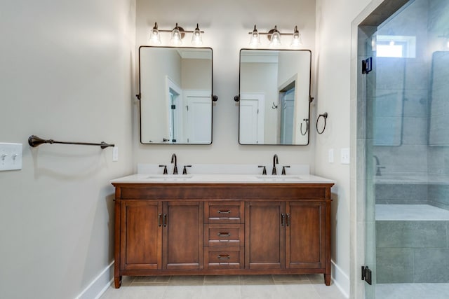 110 4th Ave S, Loretto, TN 38469 - bathroom with baseboards, double vanity, and a stall shower