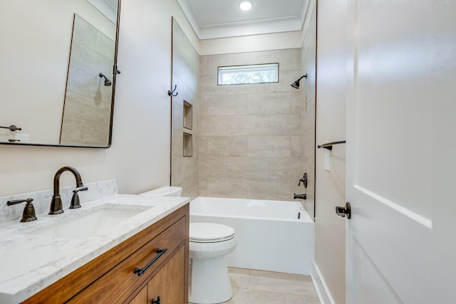 110 4th Ave S, Loretto, TN 38469 - full bathroom featuring toilet, vanity, shower / bathtub combination, crown molding, and tile patterned flooring