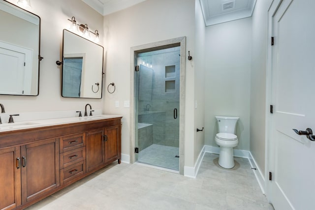110 4th Ave S, Loretto, TN 38469 - bathroom with ornamental molding, double vanity, a stall shower, baseboards, and toilet