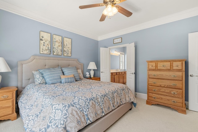 565 Scout Dr, Mount Juliet, TN 37122 - bedroom with crown molding, light colored carpet, connected bathroom, a ceiling fan, and baseboards