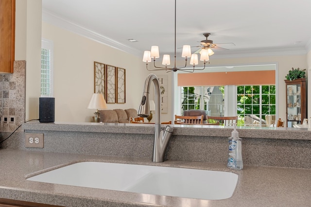 565 Scout Dr, Mount Juliet, TN 37122 - living room with crown molding, plenty of natural light, a chandelier, and ceiling fan