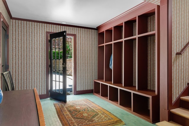 2300 Chickering Ln, Nashville, TN 37215 - mudroom featuring wallpapered walls, french doors, brick patterned flooring, and ornamental molding