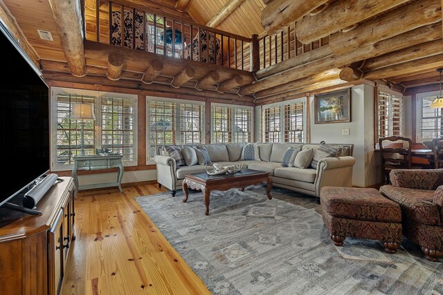 562 Rocky Ridge Rd E, Rock Island, TN 38581 - living area with rustic walls, high vaulted ceiling, wood finished floors, and wooden ceiling with exposed beams