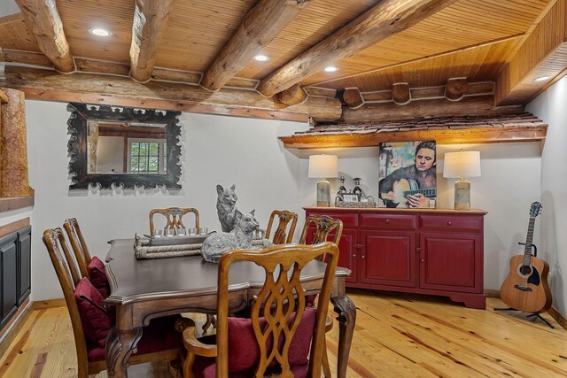 562 Rocky Ridge Rd E, Rock Island, TN 38581 - dining space with light wood-type flooring, recessed lighting, wooden ceiling with exposed beams, and a bar