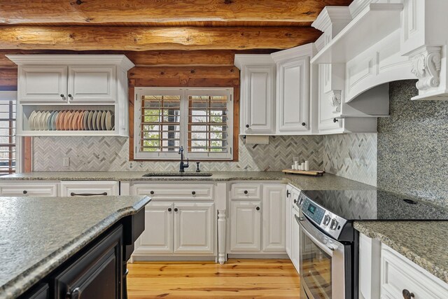 562 Rocky Ridge Rd E, Rock Island, TN 38581 - kitchen featuring stainless steel range with electric cooktop, a sink, light wood-style flooring, white cabinetry, and beamed ceiling