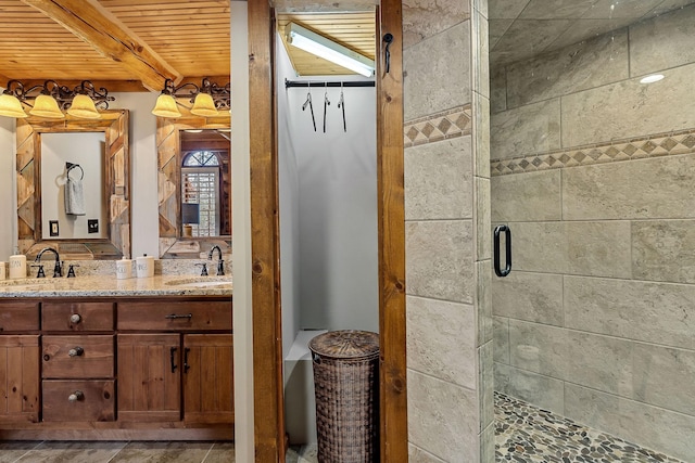 562 Rocky Ridge Rd E, Rock Island, TN 38581 - full bathroom featuring double vanity, wood ceiling with exposed beams, and a shower stall