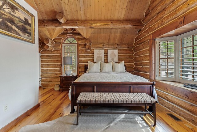 562 Rocky Ridge Rd E, Rock Island, TN 38581 - bedroom featuring log walls, hardwood / wood-style flooring, multiple windows, and wooden ceiling