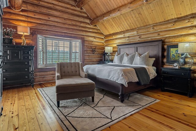 562 Rocky Ridge Rd E, Rock Island, TN 38581 - bedroom with hardwood / wood-style floors, wooden ceiling, and rustic walls