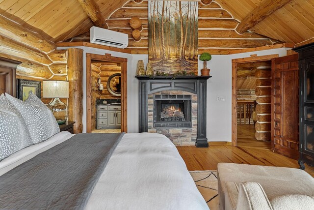 562 Rocky Ridge Rd E, Rock Island, TN 38581 - bedroom with rustic walls, a wall mounted air conditioner, wood ceiling with exposed beams, hardwood / wood-style flooring, and a fireplace