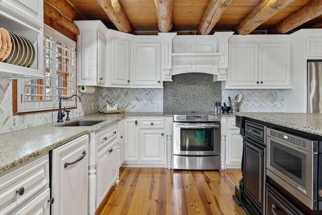 562 Rocky Ridge Rd E, Rock Island, TN 38581 - kitchen with stainless steel appliances, a sink, wood ceiling with exposed beams, white cabinetry, and light wood-style flooring