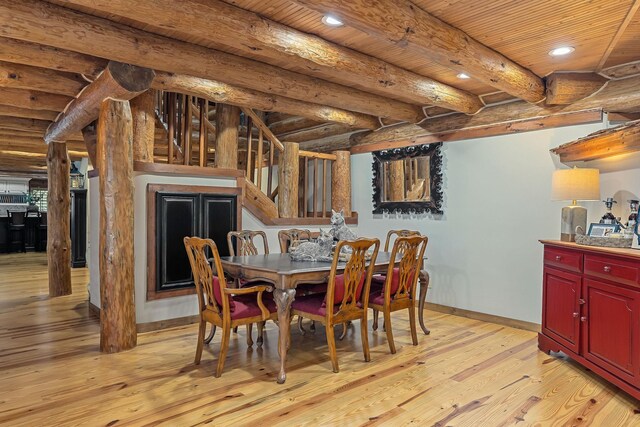 562 Rocky Ridge Rd E, Rock Island, TN 38581 - dining space with wood ceiling with exposed beams, light wood finished floors, baseboards, and recessed lighting