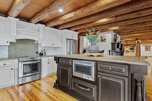 562 Rocky Ridge Rd E, Rock Island, TN 38581 - kitchen with stainless steel appliances, white cabinets, light wood-style floors, wooden ceiling with exposed beams, and tasteful backsplash