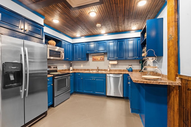 30 Park Mdws, Nashville, TN 37215 - kitchen with appliances with stainless steel finishes, open shelves, blue cabinets, wooden ceiling, and light tile patterned floors