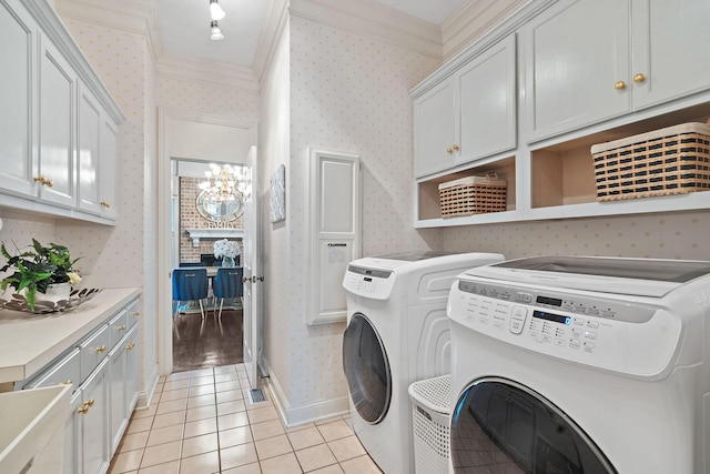 30 Park Mdws, Nashville, TN 37215 - laundry room with wallpapered walls, cabinet space, ornamental molding, separate washer and dryer, and light tile patterned flooring