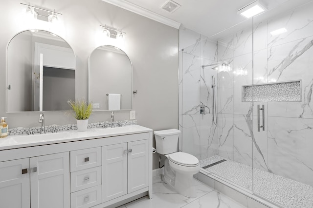 30 Park Mdws, Nashville, TN 37215 - full bath with a marble finish shower, double vanity, marble finish floors, and crown molding