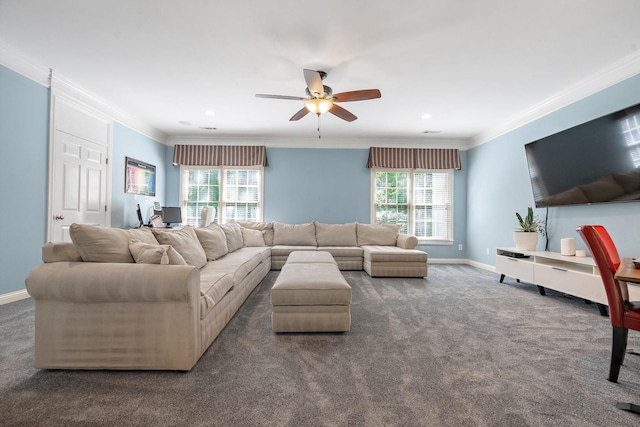 30 Park Mdws, Nashville, TN 37215 - carpeted living room with ceiling fan, plenty of natural light, crown molding, recessed lighting, and a desk