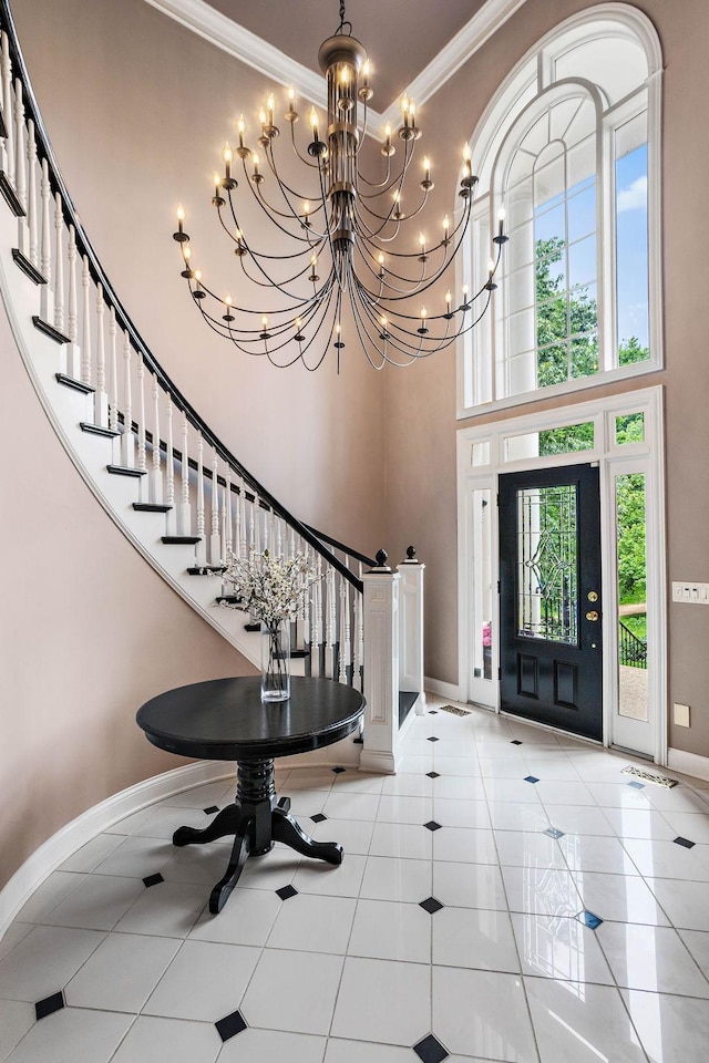 30 Park Mdws, Nashville, TN 37215 - tiled entrance foyer with plenty of natural light, ornamental molding, stairs, a towering ceiling, and a chandelier