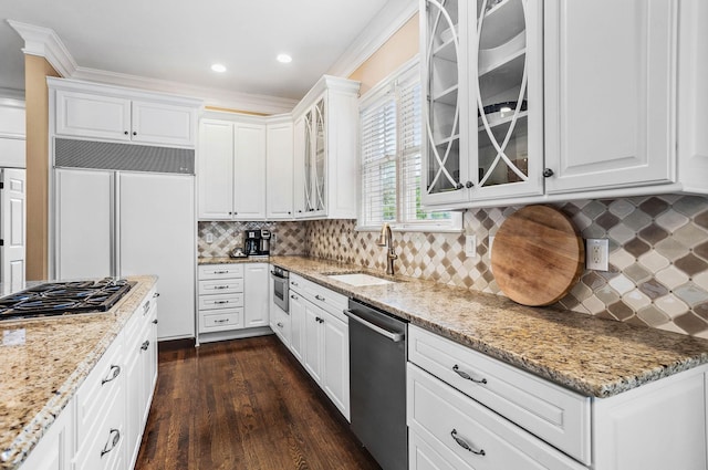 30 Park Mdws, Nashville, TN 37215 - kitchen with stainless steel appliances, light stone counters, white cabinets, dark wood-style flooring, and glass insert cabinets