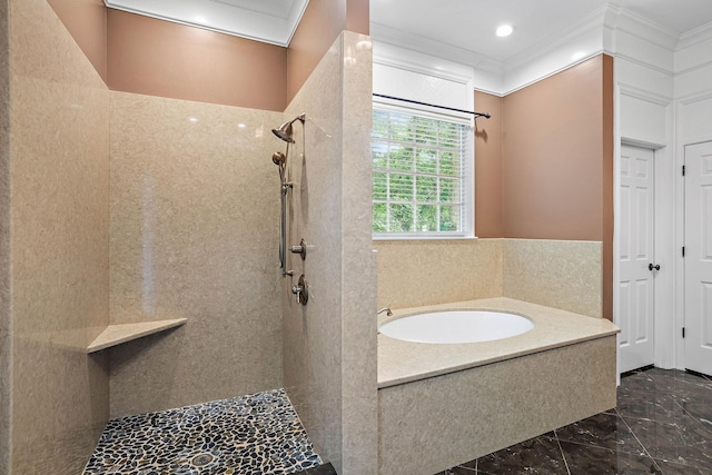 30 Park Mdws, Nashville, TN 37215 - bathroom with crown molding, a tile shower, a bath, and marble tiled flooring