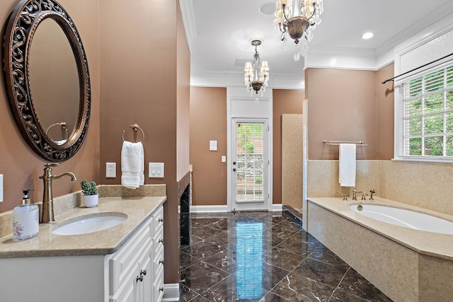 30 Park Mdws, Nashville, TN 37215 - bathroom with a chandelier, healthy amount of natural light, ornamental molding, vanity, and a bath