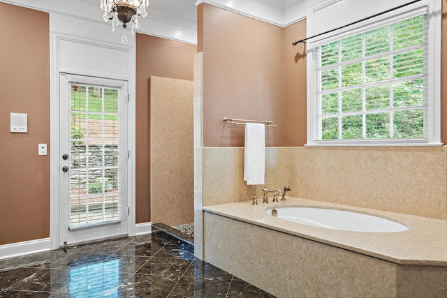 30 Park Mdws, Nashville, TN 37215 - bathroom featuring a walk in shower, a bath, marble tiled floors, and crown molding
