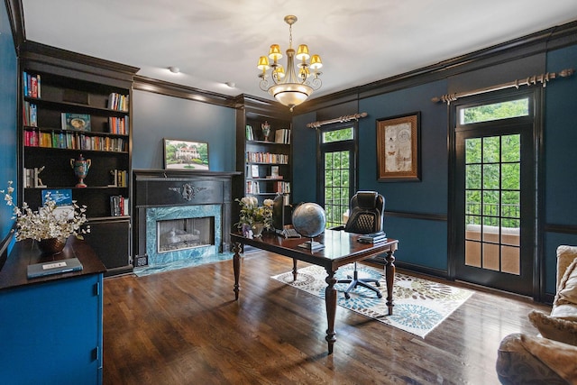30 Park Mdws, Nashville, TN 37215 - office with ornamental molding, a premium fireplace, built in shelves, wood finished floors, and a chandelier