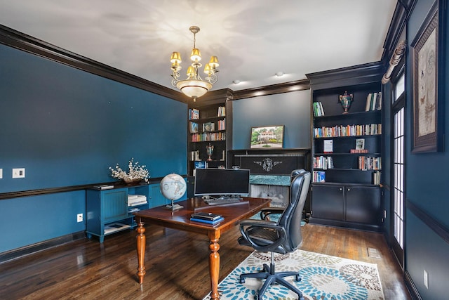 30 Park Mdws, Nashville, TN 37215 - office area with crown molding, a chandelier, wood finished floors, and built in shelves
