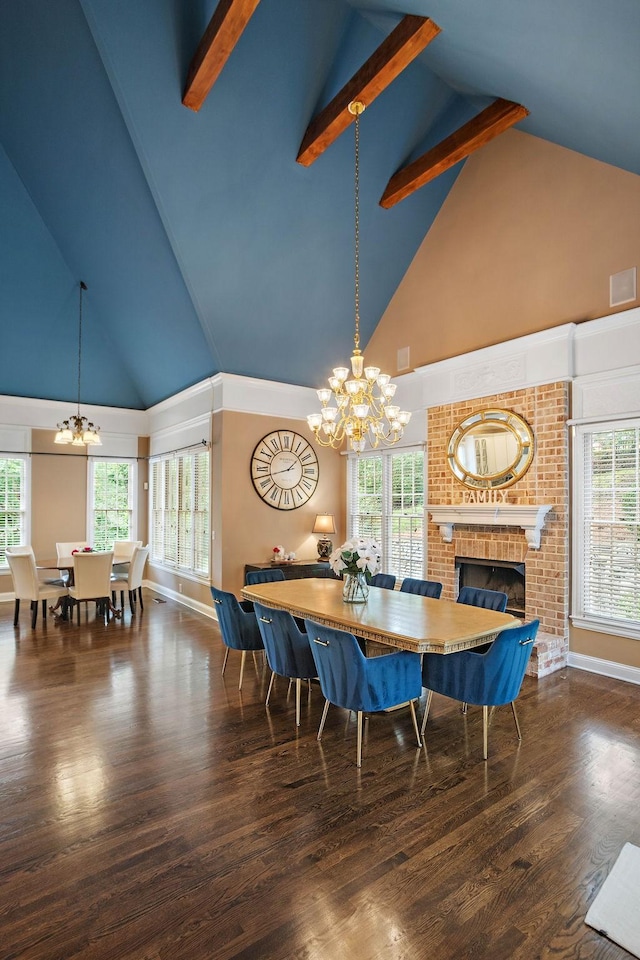 30 Park Mdws, Nashville, TN 37215 - dining area with a chandelier, high vaulted ceiling, a fireplace, beamed ceiling, and wood finished floors