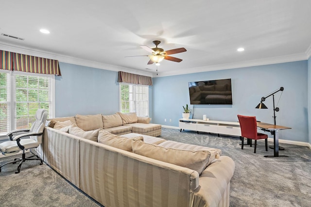 30 Park Mdws, Nashville, TN 37215 - living room featuring carpet floors, a ceiling fan, crown molding, and recessed lighting