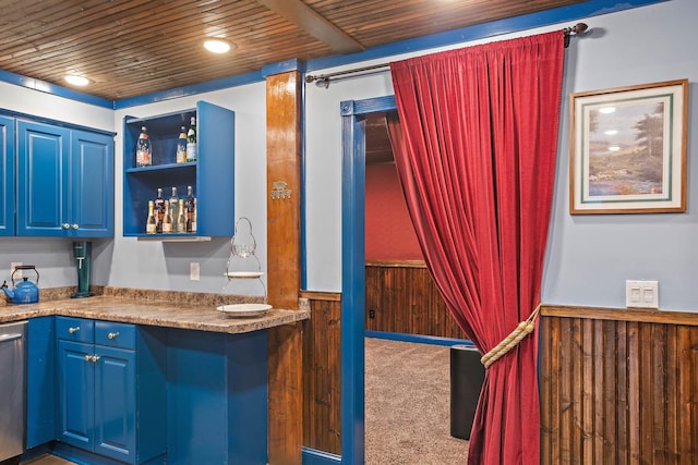 30 Park Mdws, Nashville, TN 37215 - indoor wet bar with wooden ceiling, a wainscoted wall, carpet floors, wooden walls, and recessed lighting