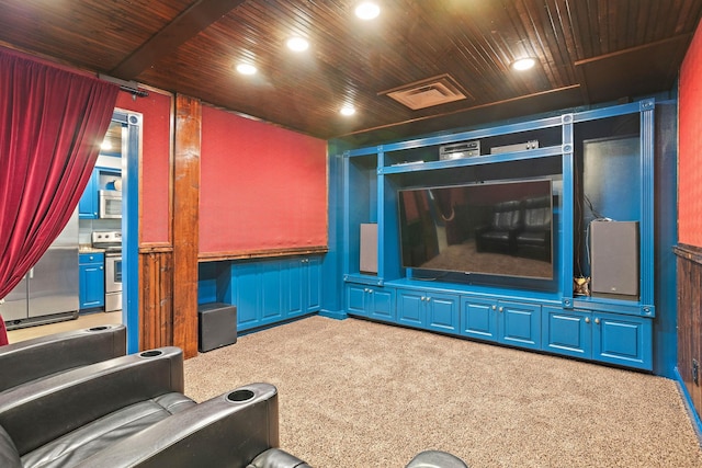 30 Park Mdws, Nashville, TN 37215 - carpeted home theater with recessed lighting, wooden ceiling, and wainscoting