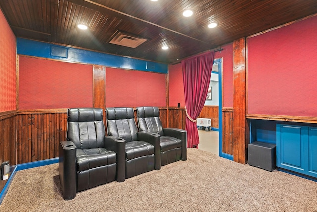 30 Park Mdws, Nashville, TN 37215 - home theater featuring a wainscoted wall, wooden walls, carpet flooring, recessed lighting, and wood ceiling