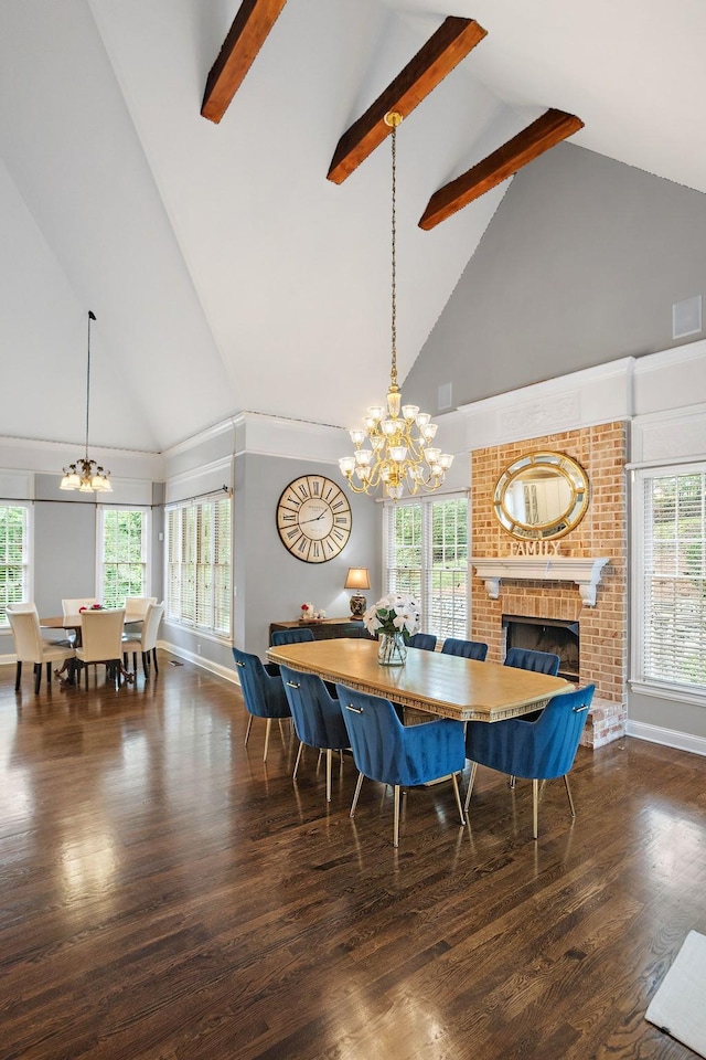 30 Park Mdws, Nashville, TN 37215 - dining room featuring a chandelier, high vaulted ceiling, a brick fireplace, beamed ceiling, and plenty of natural light