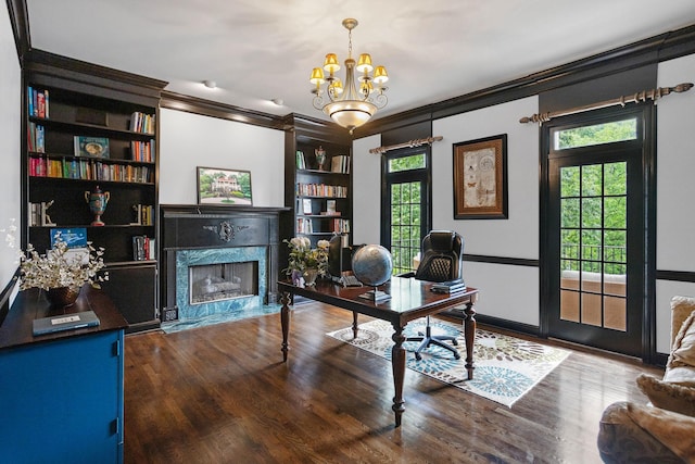 30 Park Mdws, Nashville, TN 37215 - office area with a premium fireplace, wood finished floors, built in shelves, ornamental molding, and a chandelier