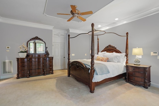 30 Park Mdws, Nashville, TN 37215 - bedroom featuring light colored carpet, ornamental molding, recessed lighting, and a ceiling fan