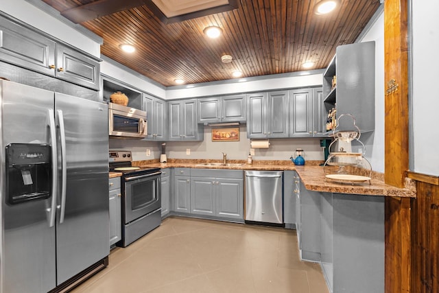 30 Park Mdws, Nashville, TN 37215 - kitchen featuring stainless steel appliances, gray cabinets, open shelves, wooden ceiling, and light tile patterned flooring