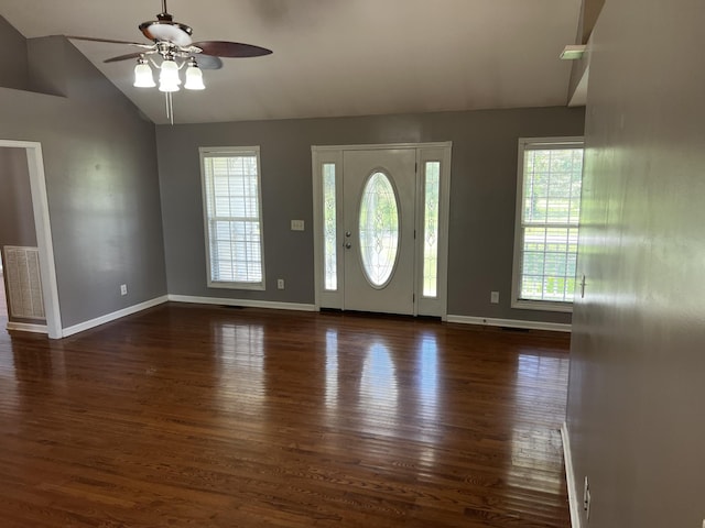 168 Commodore Cir, Summertown, TN 38483 - foyer with lofted ceiling, ceiling fan, dark wood-style flooring, and baseboards