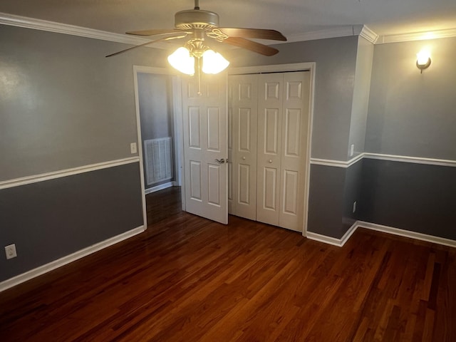 168 Commodore Cir, Summertown, TN 38483 - unfurnished bedroom featuring wood finished floors, ornamental molding, baseboards, a closet, and ceiling fan