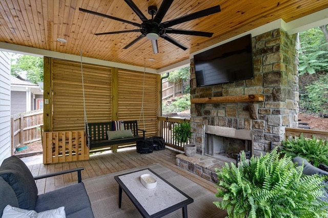 500 Beck Ave, Chattanooga, TN 37405 - wooden deck with ceiling fan and an outdoor living space with a fireplace