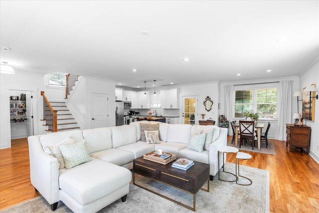 500 Beck Ave, Chattanooga, TN 37405 - living area with ornamental molding, light wood finished floors, stairs, and recessed lighting