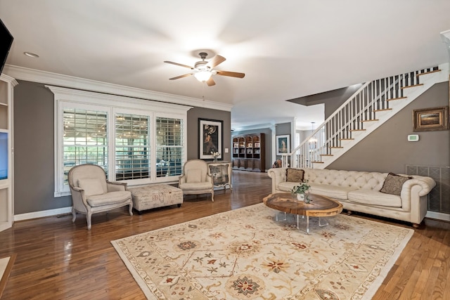 1205 Sequoya Trl, Columbia, TN 38401 - living room featuring stairway, ceiling fan, ornamental molding, and wood finished floors