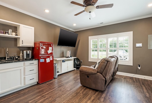 1205 Sequoya Trl, Columbia, TN 38401 - living room with dark wood finished floors, ornamental molding, a ceiling fan, and recessed lighting