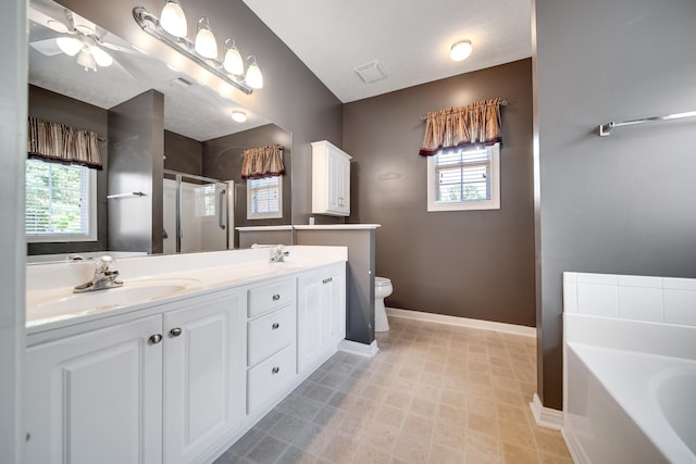 122 Belmont Cir, Hendersonville, TN 37075 - full bath featuring a stall shower, baseboards, a garden tub, double vanity, and ceiling fan