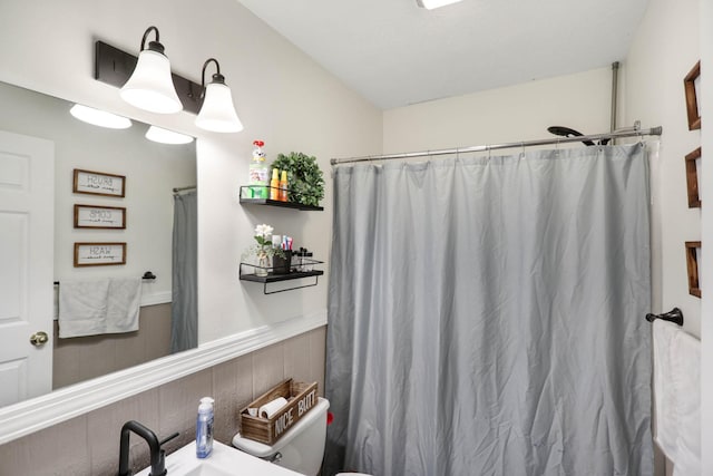 3970 Pleasant Grove Rd, White House, TN 37188 - bathroom featuring wainscoting, a sink, toilet, and curtained shower